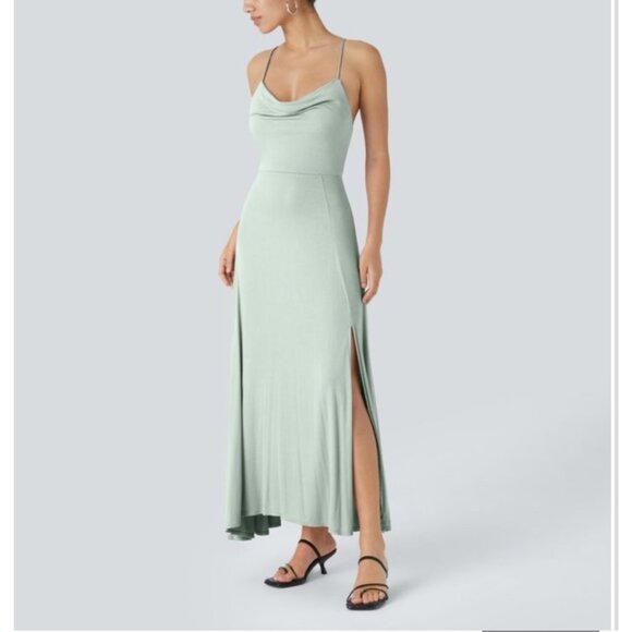 Halara Ribbed Cowl Neck Backless Crisscross Lace Up Split Midi Party Dress Sz Me - Picture 7 of 14